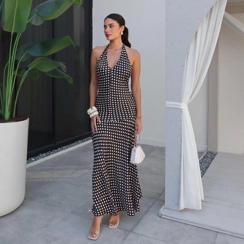 Zara Elegant Brown and White Polka Dot Halter maxi flowy Dress